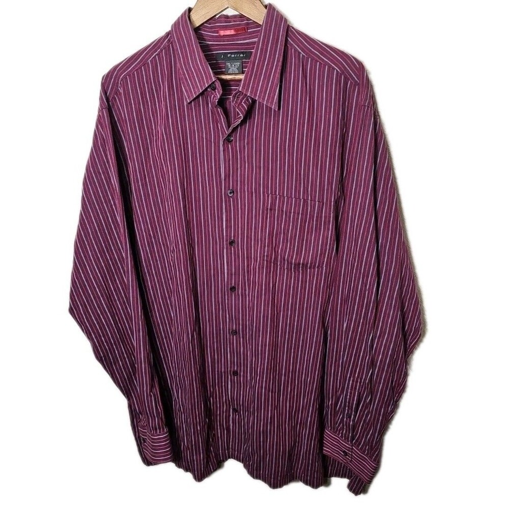 J Ferrar  2XLT 18-18.5 Burgundy Stripe Long Sleeve Button Down Mens Dress Shirt